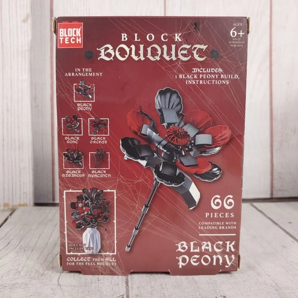 Block Tech Block Bouquet Black Peony Flower Building Block Set 66 Pieces NIB